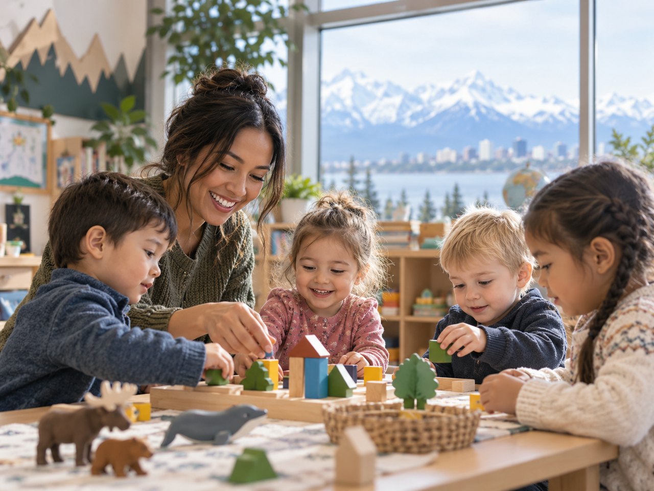Childcare classroom in Anchorage with a caregiver helping children learn through play.