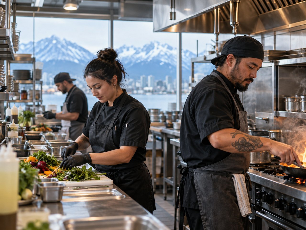 Restaurant back-of-house workers preparing food in a professional Anchorage kitchen.
